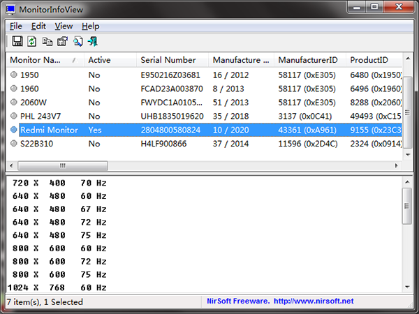 MonitorInfoView(显示器信息查询工具) 免费软件